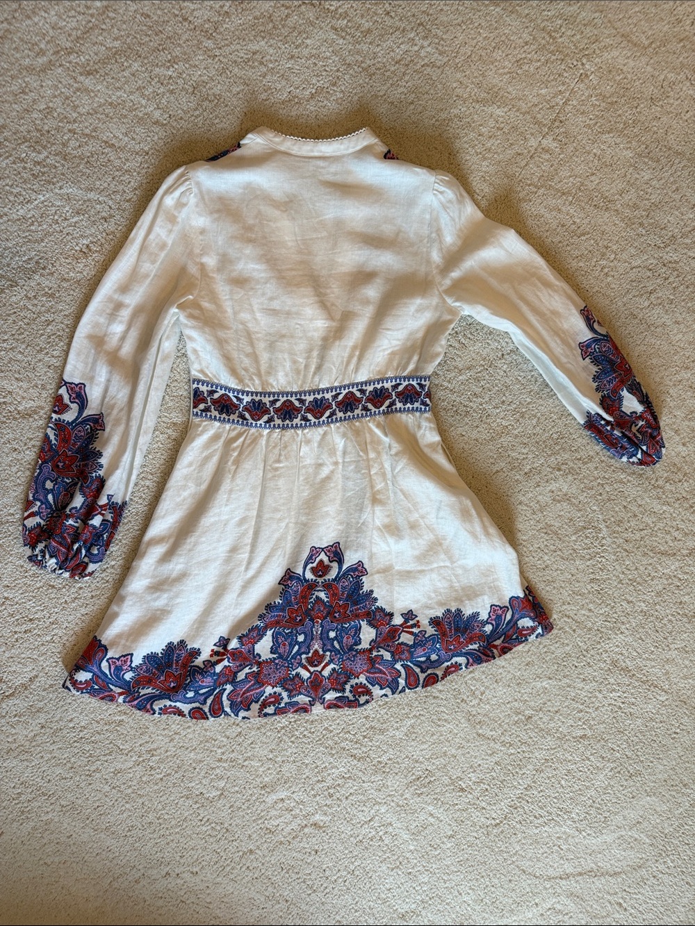 Boden Flora Linen Mini Dress 6 Poof Sleeve Fitted Waist Paisley Bohemian - Picture 4 of 4